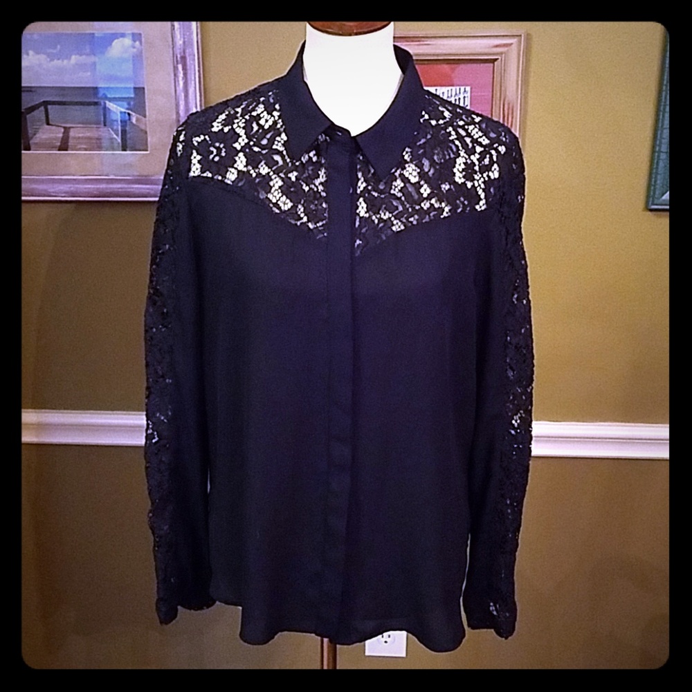 Zara Black Lace Button-Down Shirt